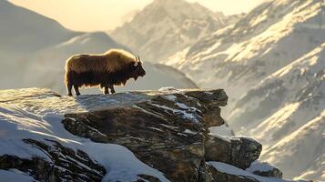 Majestic yak standing on a snowy mountain cliff at sunrise. photo