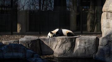 Peaceful Panda Takes a Rest on Rocky Outcrop in Zoo Exhibit. photo