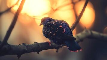 A Pigeon Perched on a Branch at Sunset with Soft Bokeh Lights. photo