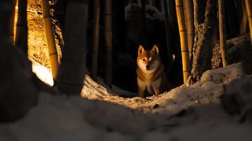 A Shiba Inu dog sits in a snowy landscape with warm light. photo