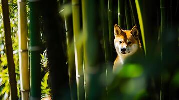 Adorable Shiba Inu Peeking Through Lush Green Bamboo Forest. photo