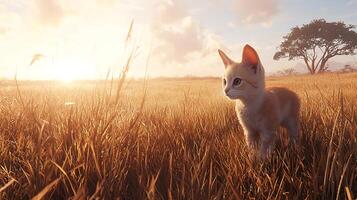 Curious Kitten Explores Golden Field Under Warm Sunset Sky photo