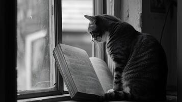 A Feline Scholar Contemplates Life Beside a Dusty Windowpane. photo