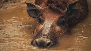 Close up of a Red River Hog submerged in muddy water. photo