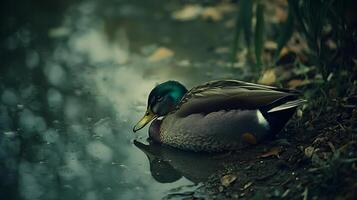 A lone duck rests by the water's edge in a tranquil natural setting. photo