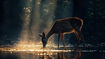 Gentle Fawn Drinks from Sunlit Stream in Magical Forest Glow. photo