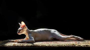 Elegant Sphinx Cat Lounges in Warm Sunlight on Textured Rug. photo