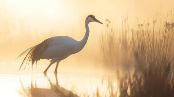 Majestic Crane Stands Serene in Golden Morning Mist and Reeds. photo