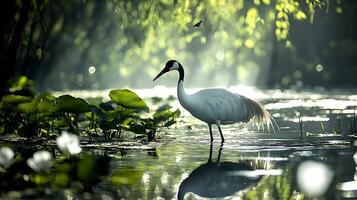 Majestic Crane Standing Gracefully in a Serene Water Lily Pond. photo