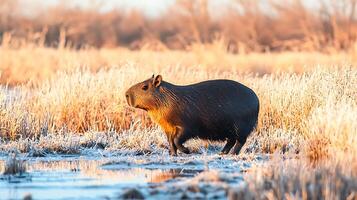 Capybara walks through frosty golden reeds at sunrise. photo