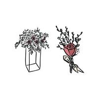 A wedding floral selection of a plinth with a flower arrangement on and a button hole arrangement. vector
