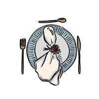 A blue plate with cutlery and napkin on the top. Wedding place setting example or a dinner party. vector