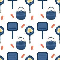 Kitchen Seamless pattern. Frying pan, saucepan, fried eggs, sausages. Cooking elements pattern vector