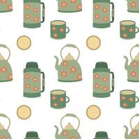 Tea time Seamless pattern. Thermos, teapot, mug and cookies. Retro tea elements pattern vector