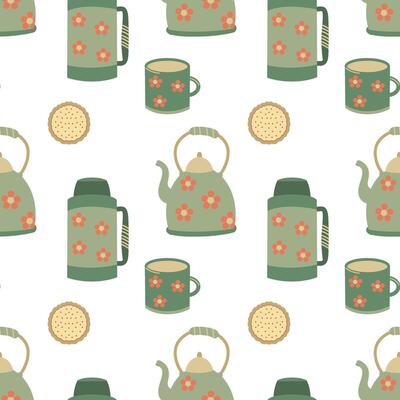 Tea time Seamless pattern. Thermos, teapot, mug and cookies. Retro tea elements pattern