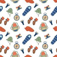 Camping seamless pattern, hiking and camping elements. Outdoors pattern vector