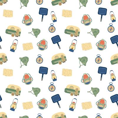 Camping seamless pattern, camping and hiking elements.