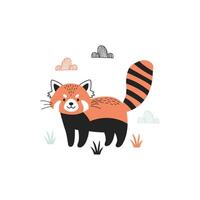 Cute Cartoon Red Panda with Colorful Clouds and Grass Elements vector