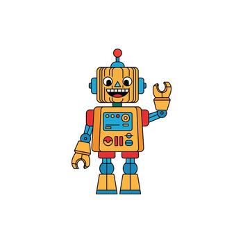 vistoso retro robot personaje con contento expresión y ondulación mano vector