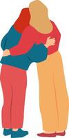 Two standing women hugging each other. vector