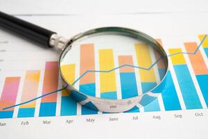 Magnifying glass on data business graphs paper. photo