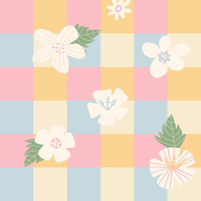 Pastel floral seamless pattern with hibiscus-style flowers on a soft plaid background. Suitable for textiles, wrapping paper, or stationery.
