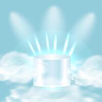Shiny White Podium with Light Rays and Clouds on Blue Background vector