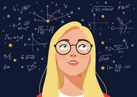 Cute girl in glasses against the background of formulas and stars vector