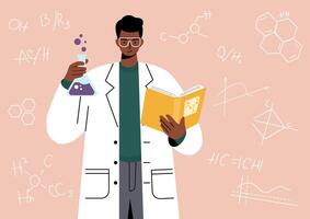 Young chemist scientist with a test tube and a book vector