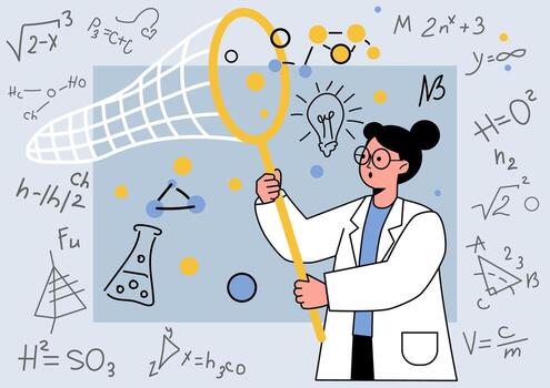 Scientist catches ideas and formulas with a net vector