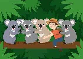group of koalas and tourist wondering at each other, adventure concept vector