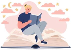A reading lover reads a book while sitting on the pages of a huge book vector