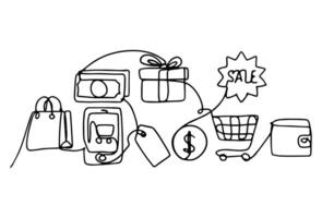 A set of shopping items hand-drawn in one line. vector