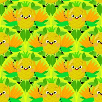 alegre sonriente piña personaje en sin costura modelo con hojas en verde antecedentes vector