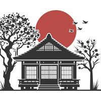 Traditional Japanese house scene with wooden structure, natural tones, and ideal for calm cultural designs. vector