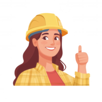 A cheerful female construction worker wearing a hard hat and thumbs up, symbolizing positivity and confidence in the working environment. png