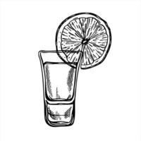 Shot glass with drink and lemon wedge hanging on rim black and white illustration painted by black inks. Cool alcohol drink with citrus sketch for bar menu, cocktail recipe, party invitation vector