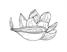 Indian Diya oil lamp with flame and sacred lotus flower monochrome illustration. Spiritual composition for Diwali decorations, Hindu festival, yoga studio art, meditation product packaging vector