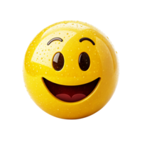A bright yellow emoji with water droplets glistening on its surface and a wide happy smile png