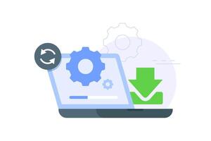 Laptop screen with gear, loading bar, and download icon representing software installation, system update vector