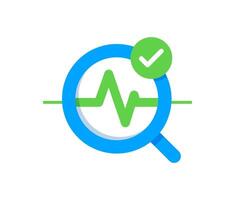 magnifying glass with a waveform graph and check mark. health tool app. concepts of health tracking, medical diagnostics, fitness analysis vector