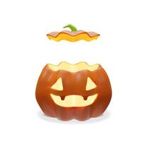 3D Halloween pumpkin with a removable lid and glowing Jack-o-lantern face. Fun and festive design perfect for party invitations, trick-or-treat graphics, spooky decorations, seasonal advertisements. vector