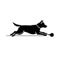 A black and white silhouette of a dog running with a ball vector