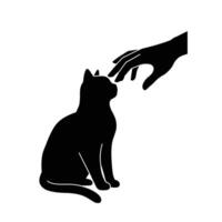 A black and white silhouette of a cat and hand vector