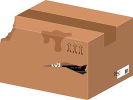 Cardboard shipping box with torn corner, puncture hole and stain, symbolizing damaged delivery or mishandled package. without background. vector
