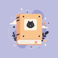 A cat is sitting on top of a book with a cat face on it vector