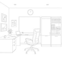 A drawing of an office with a desk, chair, and clock vector