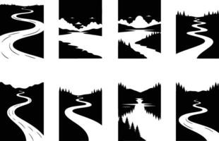 set of isolated landscape silhouettes featuring winding roads and rivers on white background vector