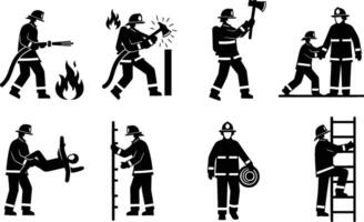 isolated firefighter icons depicting various rescue and emergency actions on white background vector