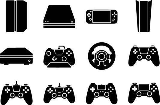 set of game consoles and controllers isolated on white background vector